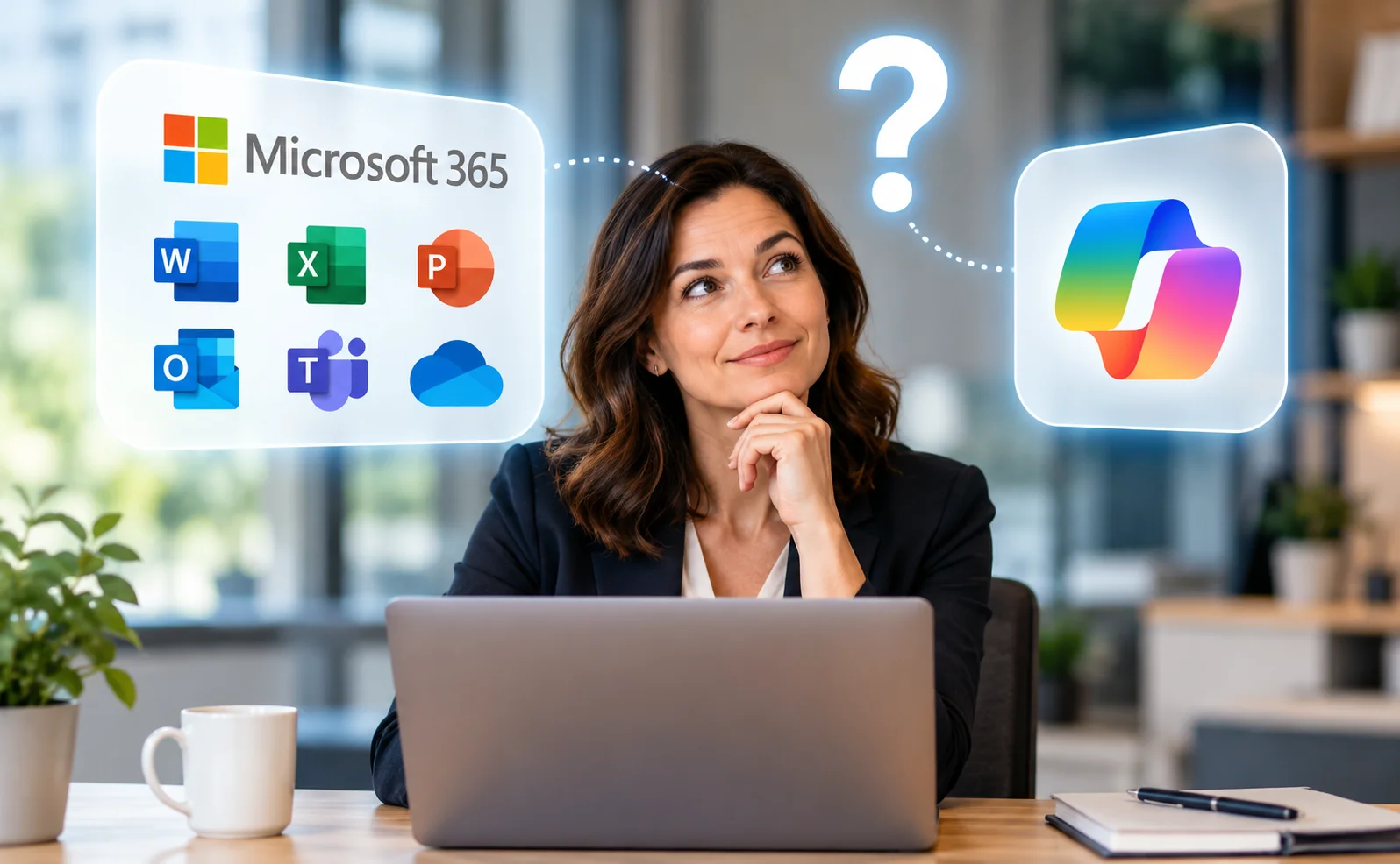 Business leader at a laptop weighing Microsoft 365 apps against Copilot