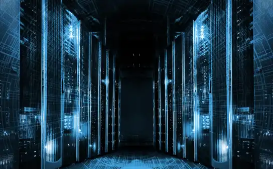 Dark server room glowing blue